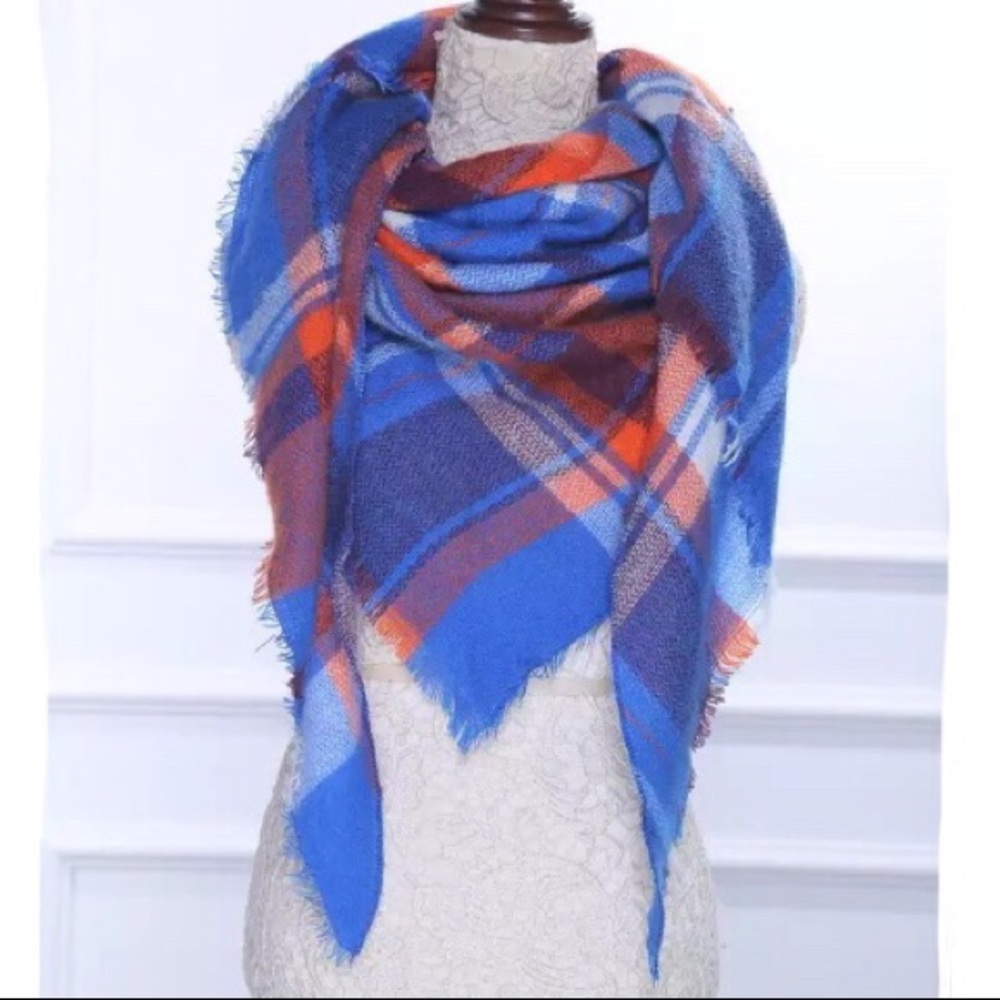 Blue Orange White Fringe Plaid Blanket Scarf Wrap - Picture 4 of 4